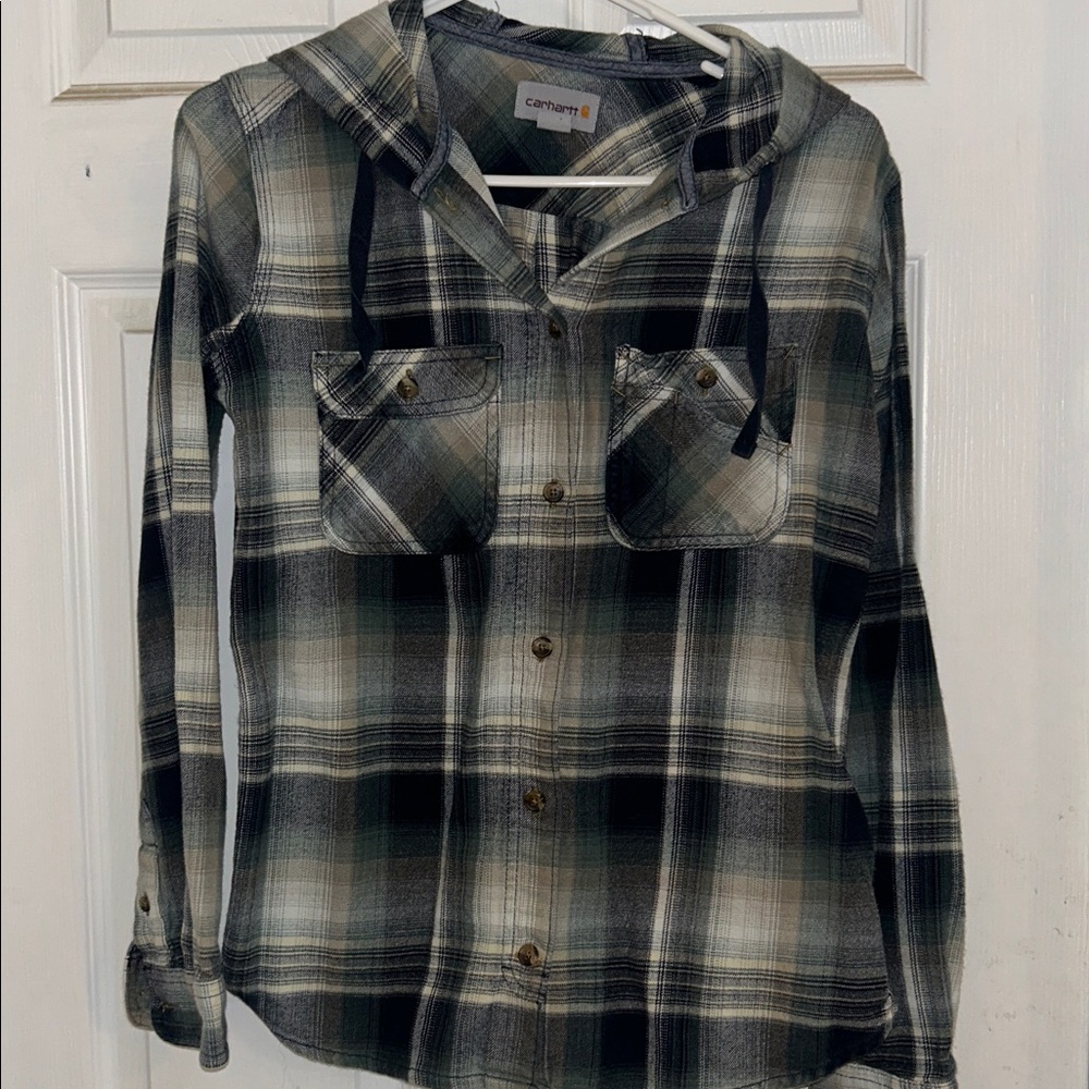 Carhartt Black and Gray Plaid Hooded Shirt